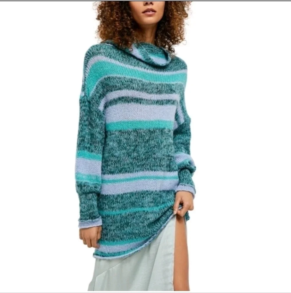 FREE PEOPLE | Candy Stripe Tunic Sweater Waterfalls Blue Wool Alpaca Sz S